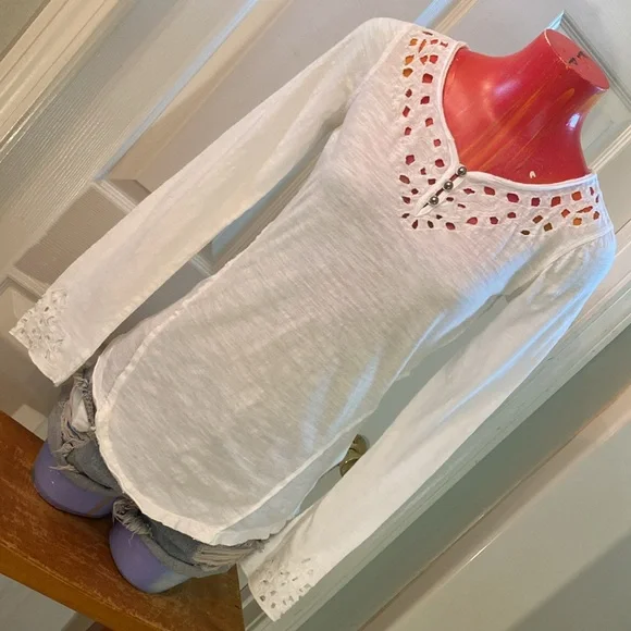 Free People White Embellished Fitted Longsleeve Blouse - Picture 1 of 15